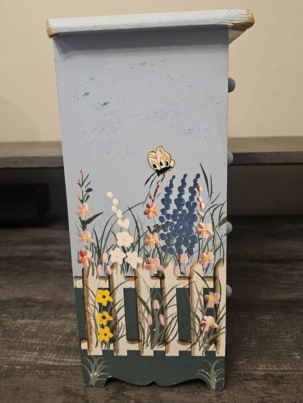 Vintage Hand-Painted Floral Cottage 4-Drawer Trinket Jewelry Box